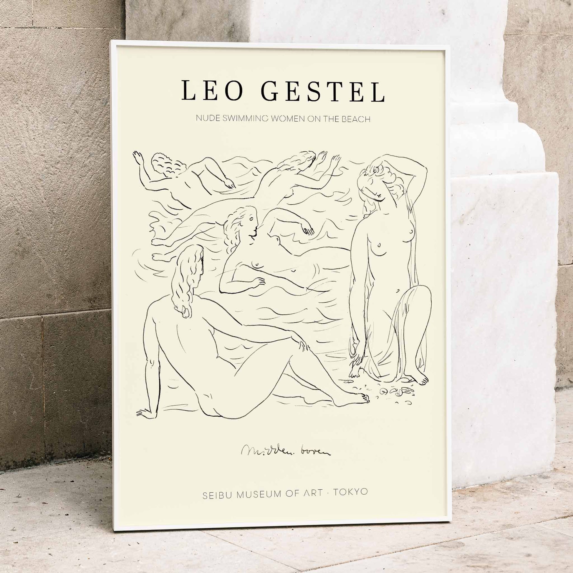 Poster of Nude Women Swimming on the Beach by Leo Gestel in Post Impressionist Style at Seibu Museum of Art Tokyo, framed and displayed in home decor