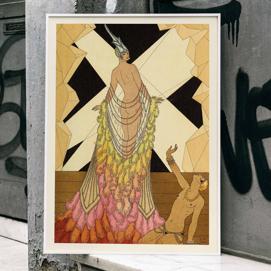 Art deco illustration and poster of elegant woman in feathered gown with kneeling figure inspired by Falbalas et fanfreluches by George Barbier, framed and displayed in home decor