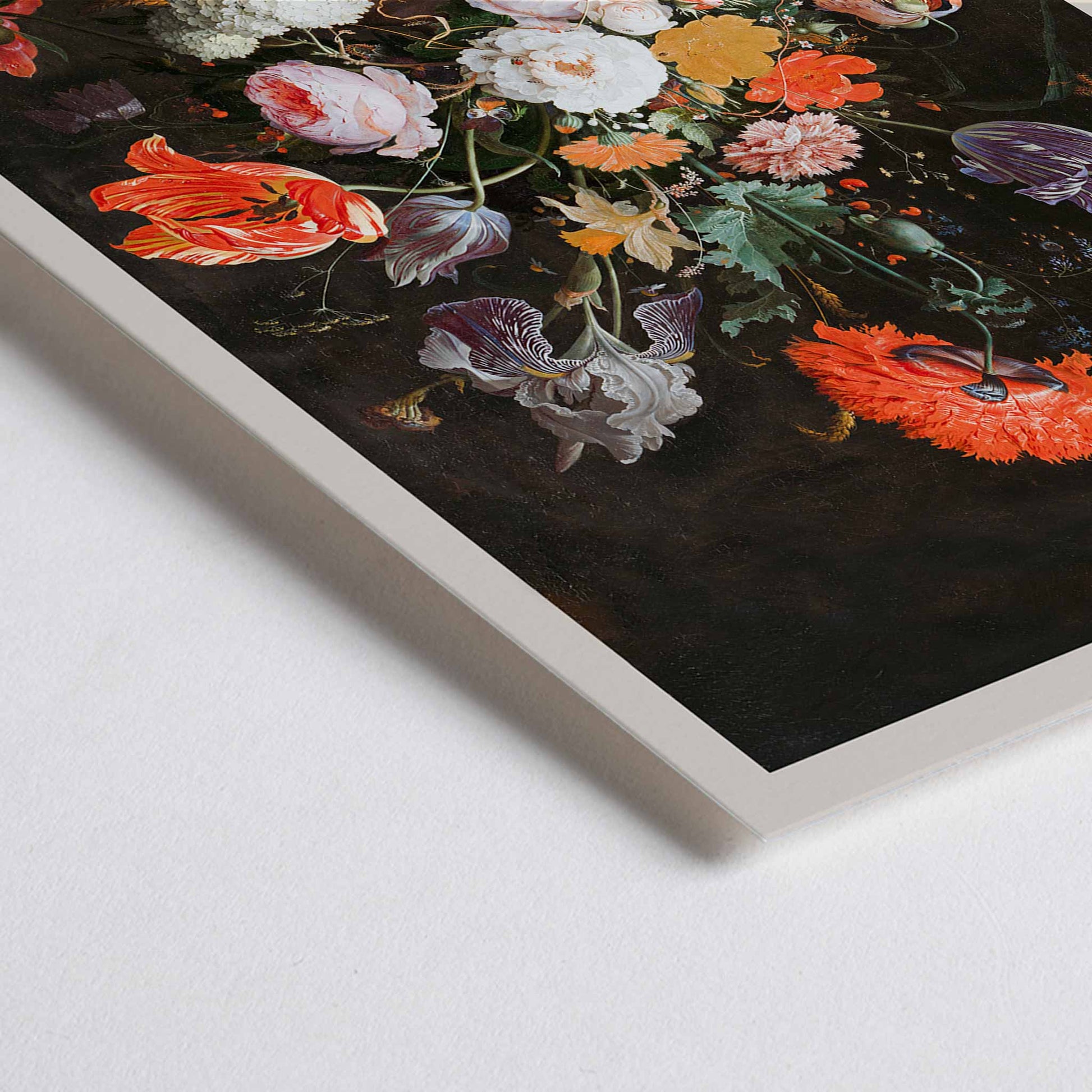 Closeup detail of Colorful bouquet of flowers in a vase with a watch vibrant floral arrangement by Abraham Mignon Still Life with Flowers and a Watch poster