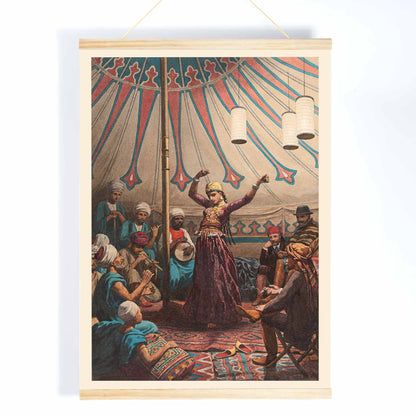 Egyptian dancer performing in a tent with musicians and spectators poster artwork by Willem de Famars Testas, with wooden magnetic frame on white background