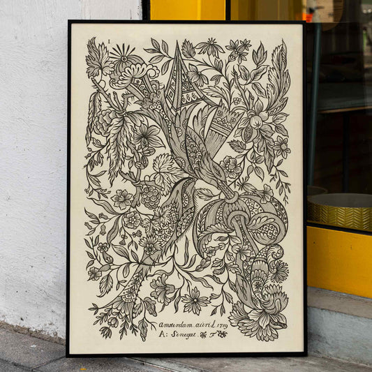 Intricate black and white floral textile pattern artwork poster by Alexander Senegat, framed and displayed in home decor