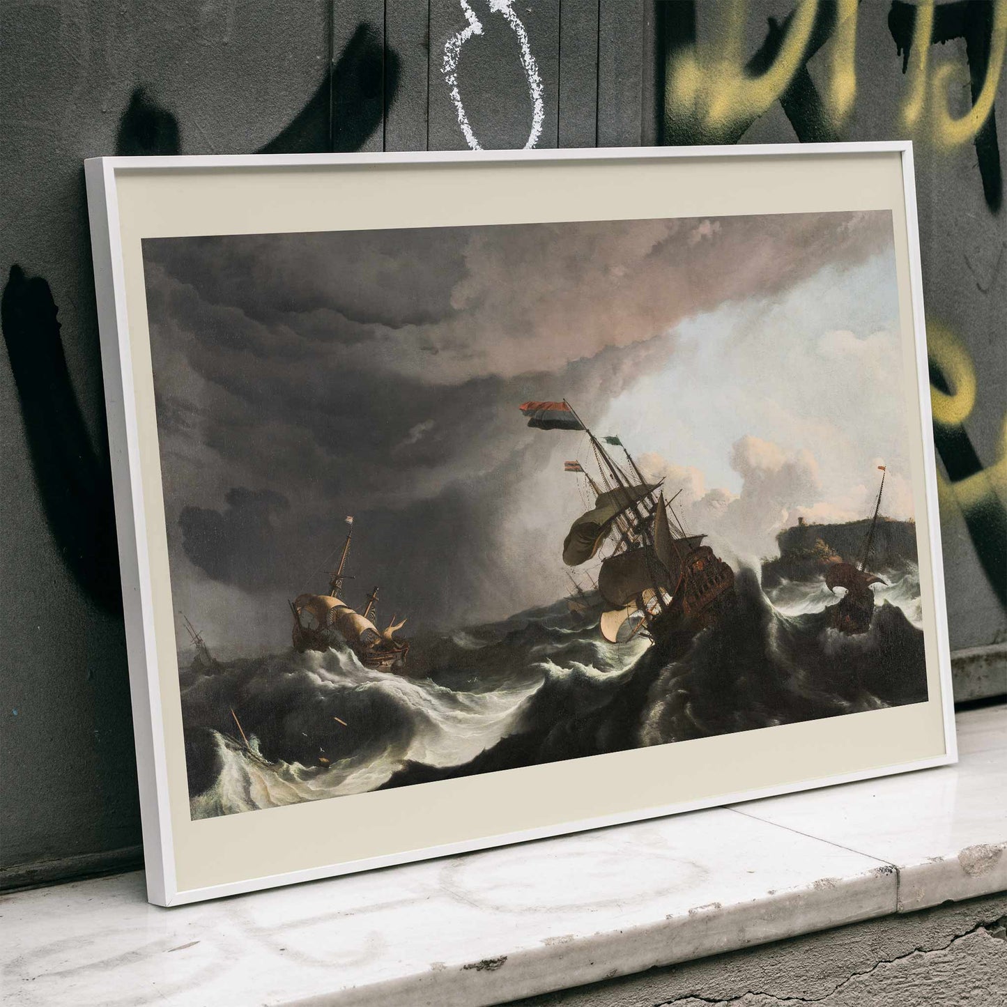 Stormy seascape with sailing ships and dramatic sky by Ludolf Bakhuysen poster of stormy sea with ships battling large waves perfect for nautical and art enthusiasts, framed and displayed in home decor