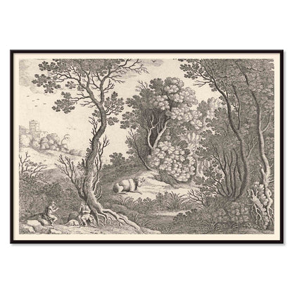 Mercury playing the flute in a detailed forest landscape with trees animals and natural scenery by Willem van Nieulandt poster, with black aluminium frame on white background