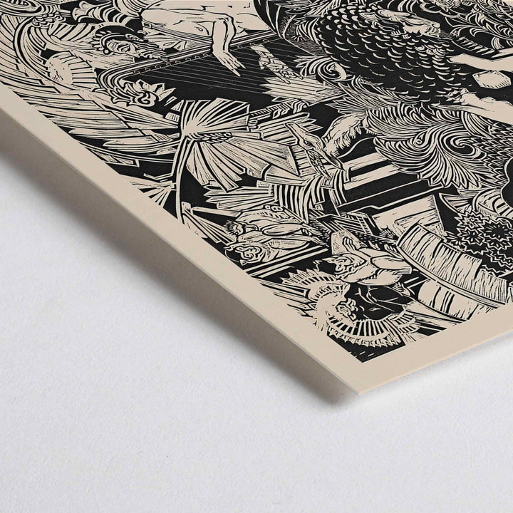 Closeup detail of Orpheus playing harp surrounded by animals in lush jungle artwork by Henri van der Stok poster