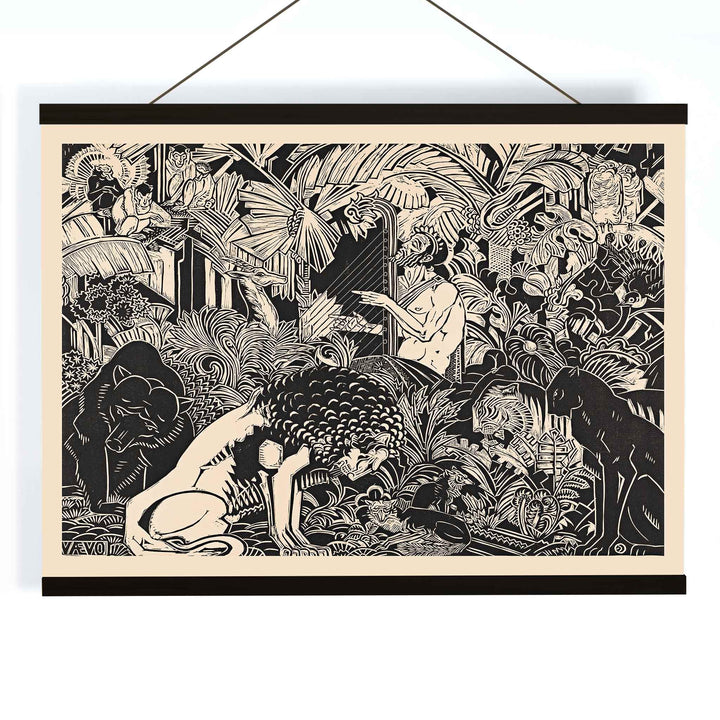 Orpheus playing harp surrounded by animals in lush jungle artwork by Henri van der Stok poster, with wooden magnetic frame on white background