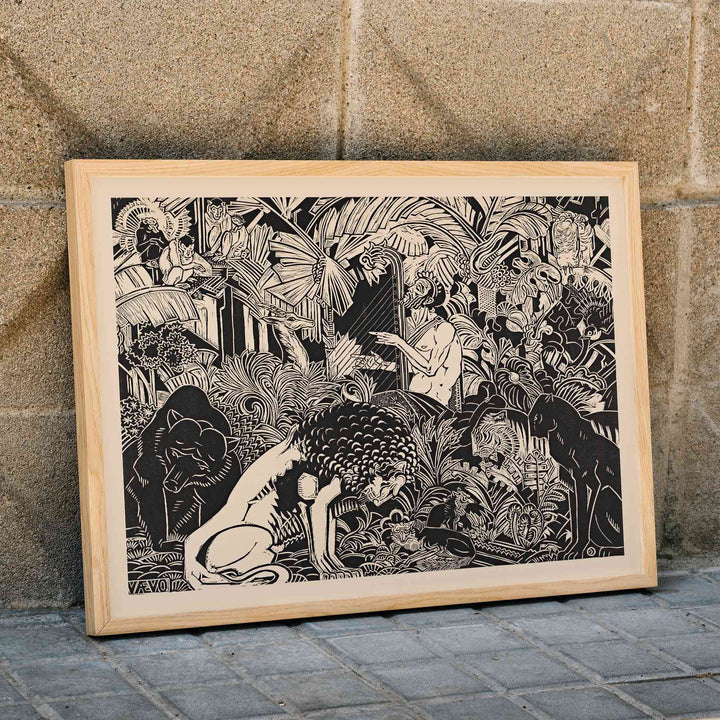 Orpheus playing harp surrounded by animals in lush jungle artwork by Henri van der Stok poster, framed and displayed in home decor