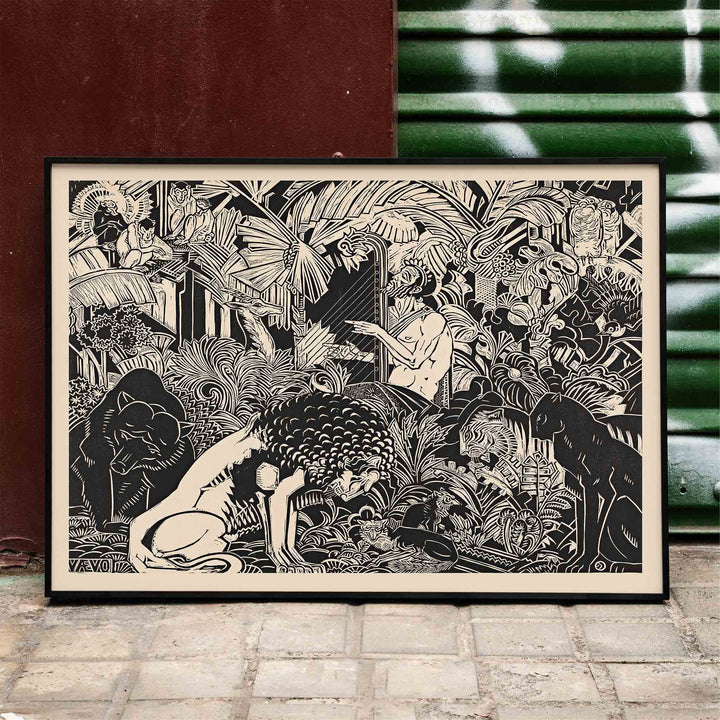 Orpheus playing harp surrounded by animals in lush jungle artwork by Henri van der Stok poster, framed and displayed in modern living room decor