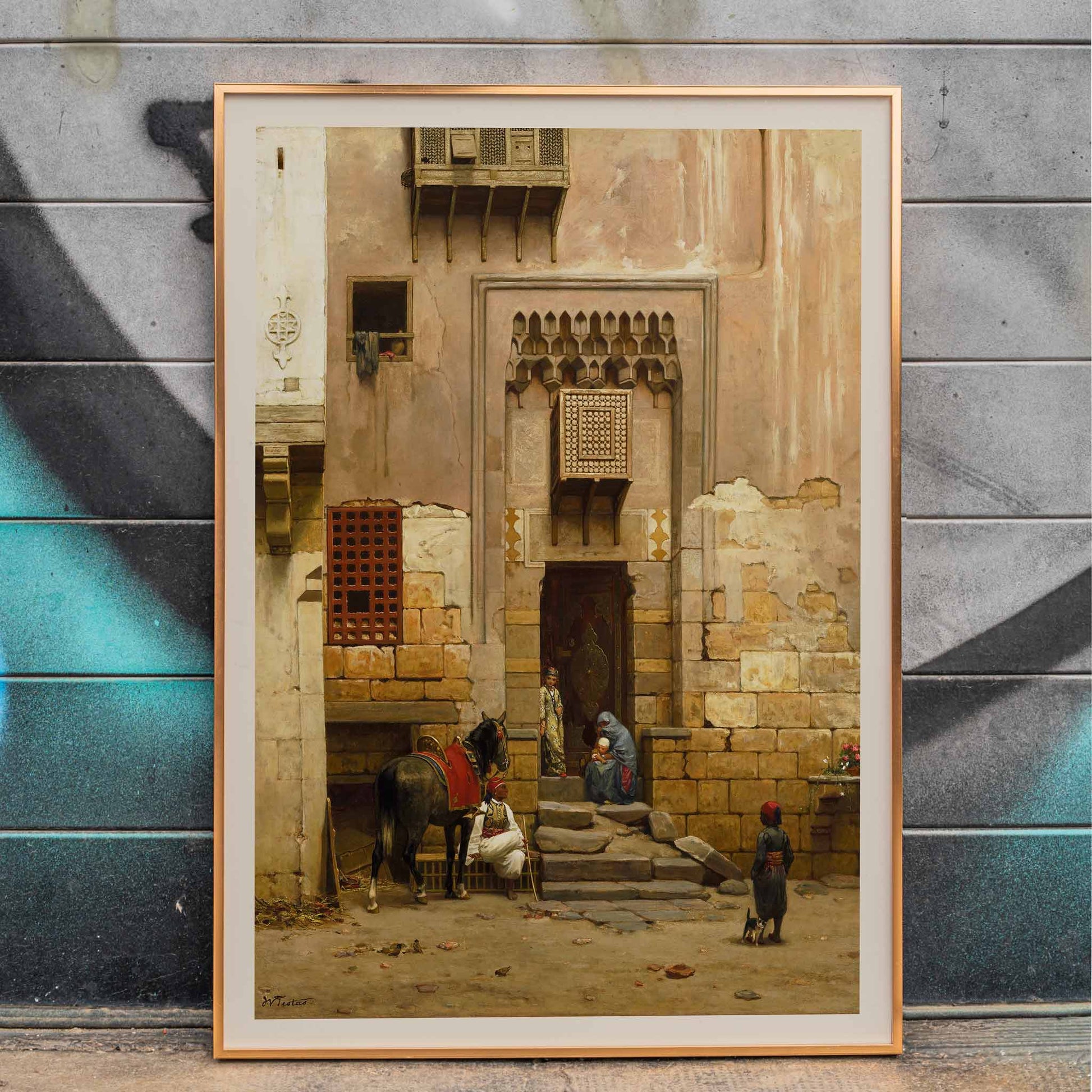 People and a horse in a sunlit Middle Eastern courtyard from The Courtyard of a house in Cairo by Willem de Famars Testas poster with architectural details, framed and displayed in home decor