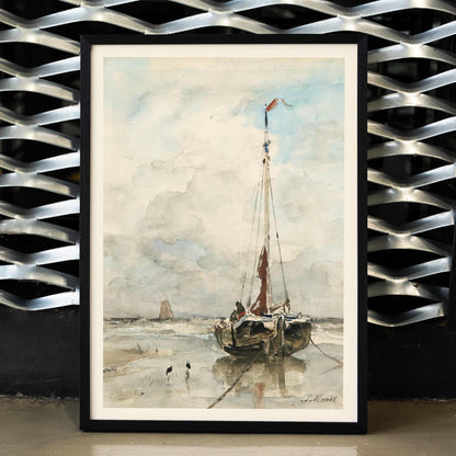 Sail boat on sandy beach under cloudy sky artwork by Jacob Maris poster inspired by Sail boat on the beach, framed and displayed in modern living room decor