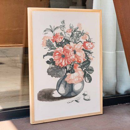 Glass vase with pink flowers and scattered petals still life poster inspired by Jean Baptiste Monnoyer, framed and displayed in home decor