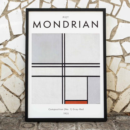 Geometric abstract artwork poster with black lines and color blocks by Piet Mondrian Composition No 1 Gray-Red, framed and displayed in home decor