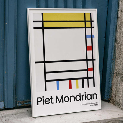 Abstract geometric painting Place de la Concorde by Piet Mondrian with bold black lines and blocks of red yellow and blue primary colors poster, framed and displayed in home decor