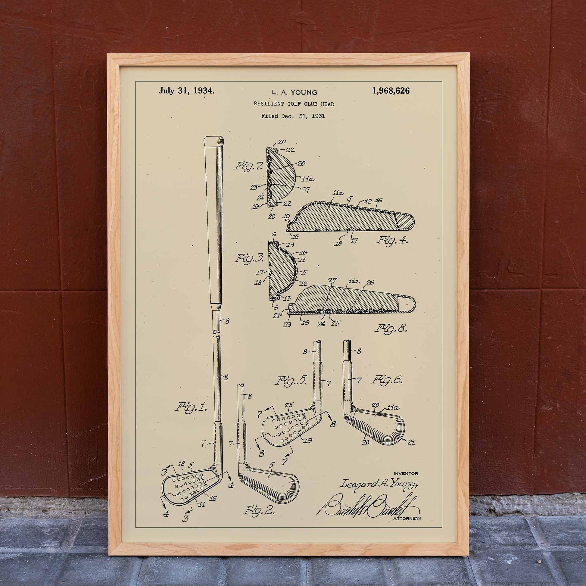 L A Young Resilient Golf Club Head Patent Illustration Design Drawings and Poster with Technical Specifications, framed and displayed in home decor