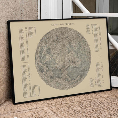 Detailed lunar surface illustration and poster with labeled features titled Map of the Moon by The Institute of Liepzig artwork, framed and displayed in home decor