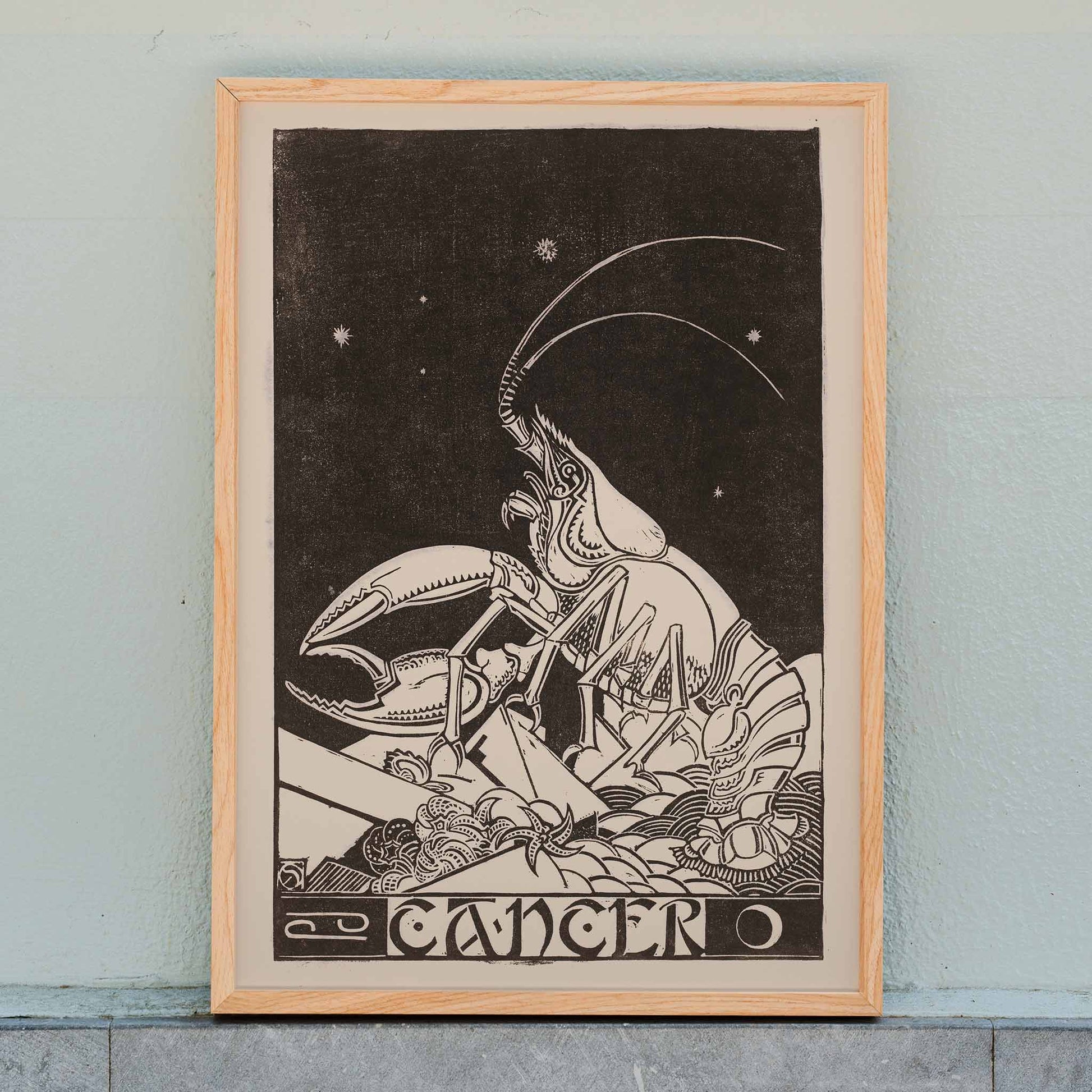 Artistic illustration and poster of Cancer zodiac sign with crab under stars by Henri van der Stok, framed and displayed in home decor