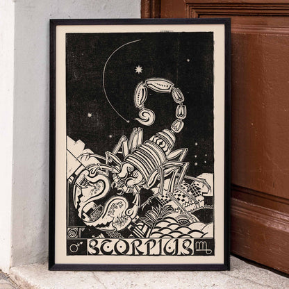 Black and white illustration of a scorpion beneath stars in Scorpius by Henri van der Stok poster artwork, framed and displayed in home decor
