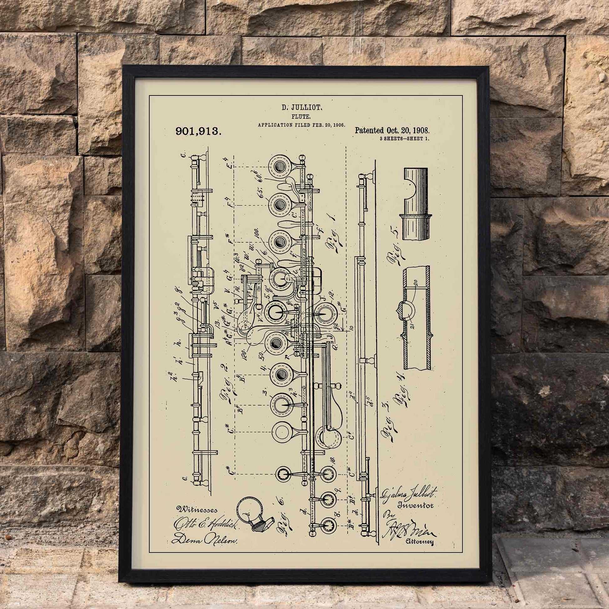 Flute Patent by D Julliot with detailed technical drawings and annotations on a vintage background poster, framed and displayed in home decor