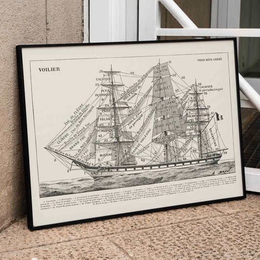 Detailed illustration and labeled poster of a sailing ship by Claude Auge titled Voilier from Le Larousse pour tous, framed and displayed in home decor