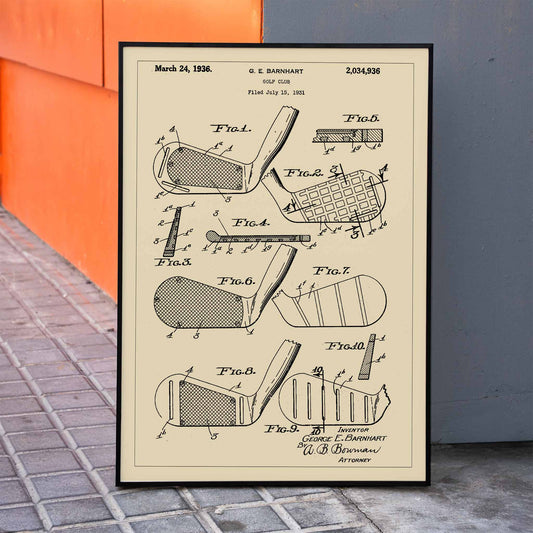 Golf club patent illustration by GE Barnhart showing detailed diagrams and labeled parts, framed and displayed in home decor