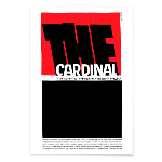 Minimalist graphic design of The Cardinal Movie poster by Saul Bass featuring bold black and red graphics large text and a minimalist style, with black aluminium frame on white background