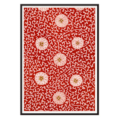 Red floral pattern artwork by Owen Jones from Chinese Ornament featuring intricate white flowers and swirling vines poster, with black aluminium frame on white background