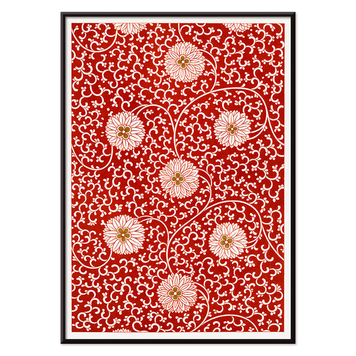 Red floral pattern artwork by Owen Jones from Chinese Ornament featuring intricate white flowers and swirling vines poster, with black aluminium frame on white background