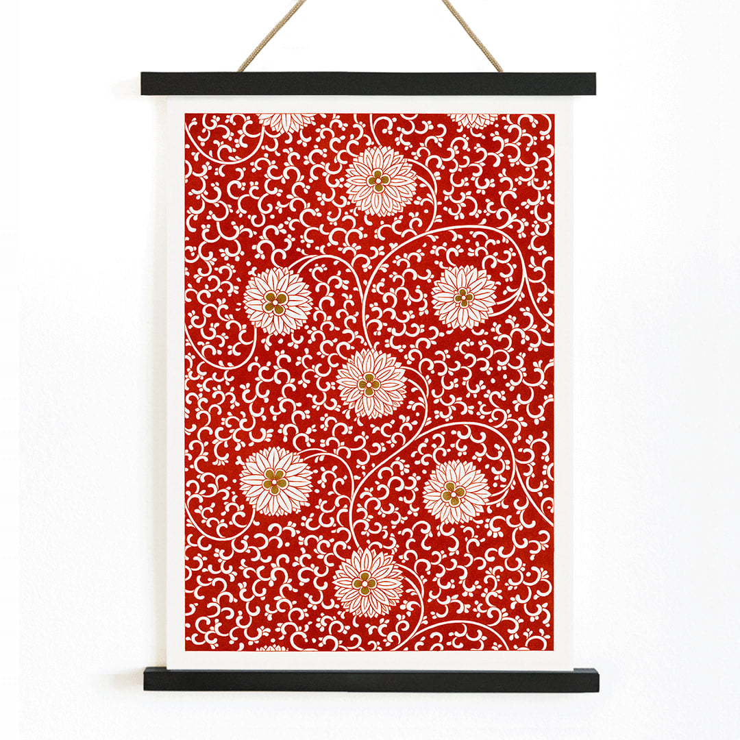 Red floral pattern artwork by Owen Jones from Chinese Ornament featuring intricate white flowers and swirling vines poster, with wooden magnetic frame on white background