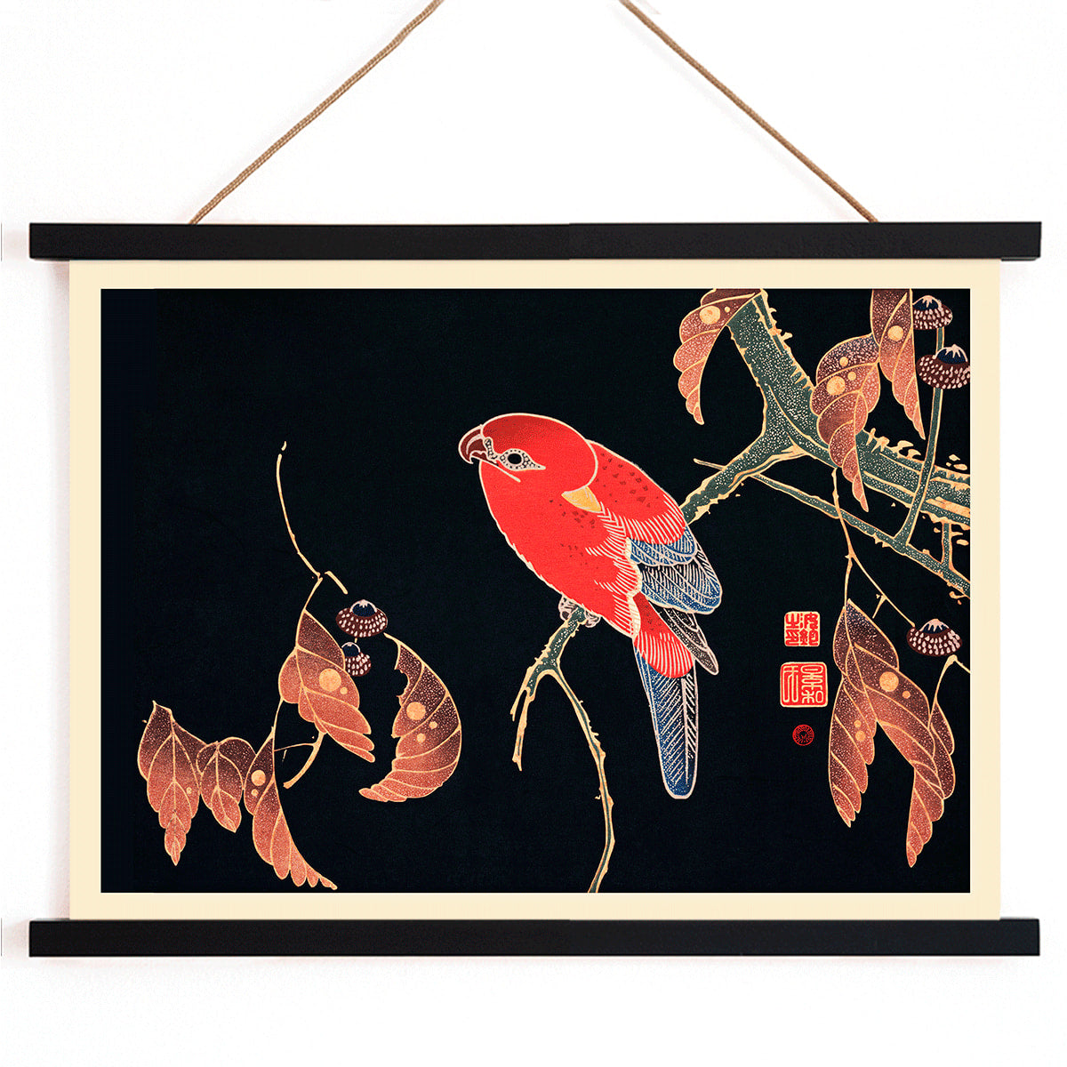 Vibrant red parrot perched on a tree branch artwork by Ito Jakuchu showcasing intricate details and colors poster, with wooden magnetic frame on white background