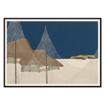 Ryoson by Kamisaka Sekka coastal scene with fishing nets mountains net-covered structures blue sky and landscape, with black aluminium frame on white background