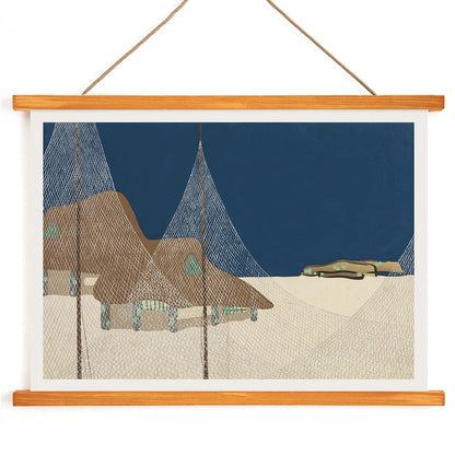 Ryoson by Kamisaka Sekka coastal scene with fishing nets mountains net-covered structures blue sky and landscape, with wooden magnetic frame on white background