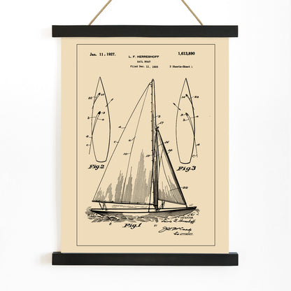 Vintage sailboat patent drawing and poster by L F Herreshoff featuring detailed technical sailboat artwork and schematics, with wooden magnetic frame on white background