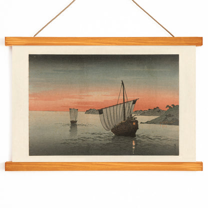Two sailing ships at sunset along the coast by Yoshimune Utagawa with boats on calm waters near rocky shore poster artwork, with wooden magnetic frame on white background