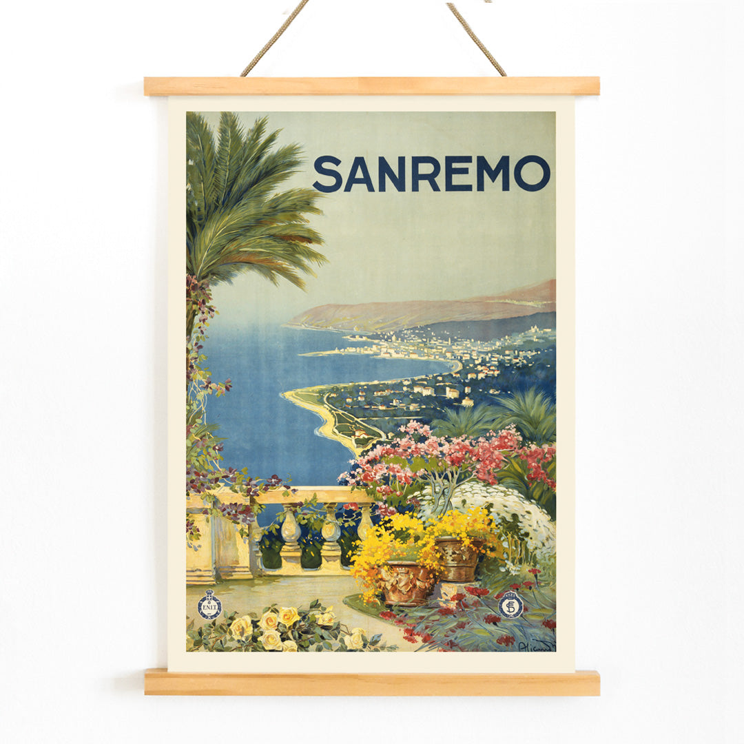 Scenic coastal landscape of Sanremo with flowers palm trees and sea view poster wall decor travel inspiration, with wooden magnetic frame on white background