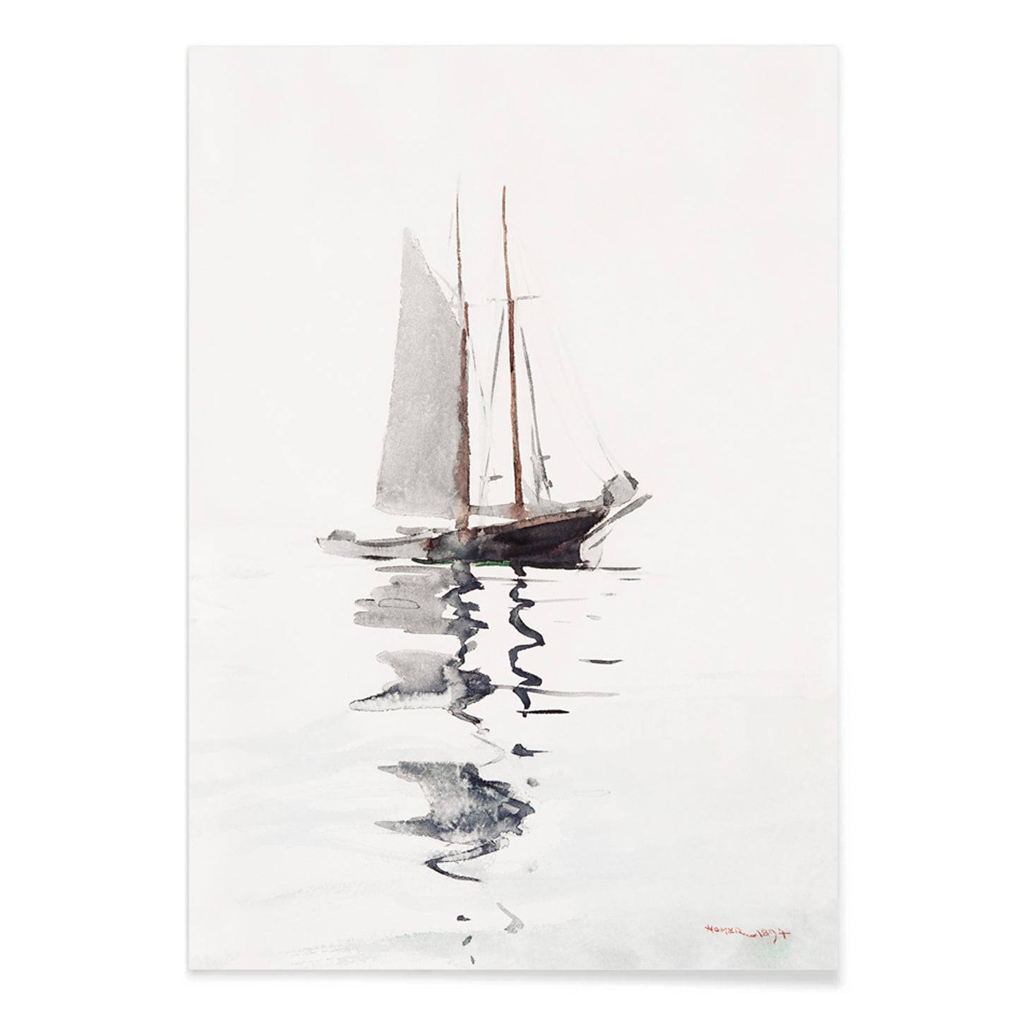 Watercolor painting and poster of a two masted schooner with dory on calm water in watercolor style by Winslow Homer, with black aluminium frame on white background