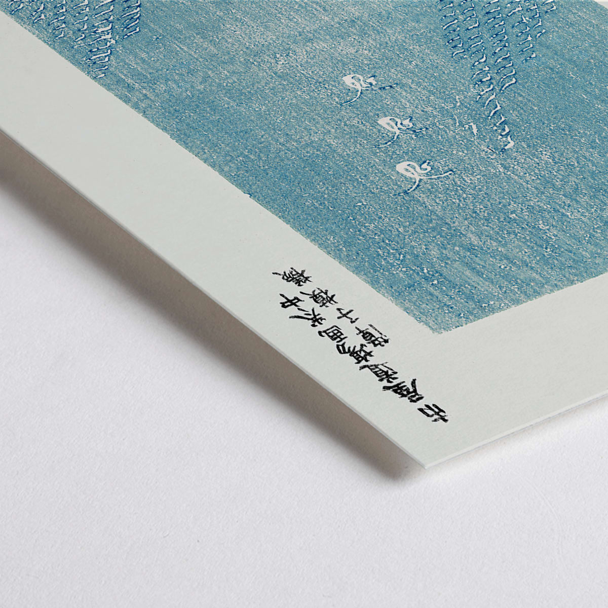 Closeup detail of Seagulls flying over blue sea Japanese woodblock print Yatsuo no tsubaki by Taguchi Tomoki vintage poster