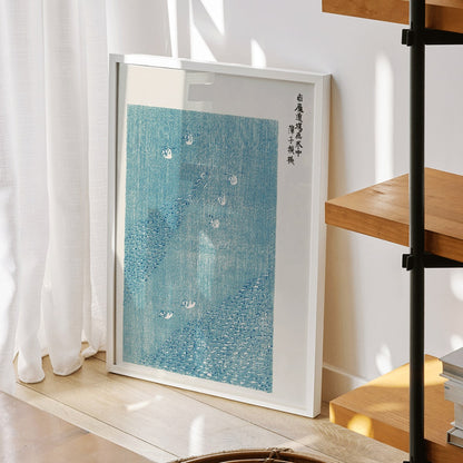 Seagulls flying over blue sea Japanese woodblock print Yatsuo no tsubaki by Taguchi Tomoki vintage poster, framed and displayed in home decor