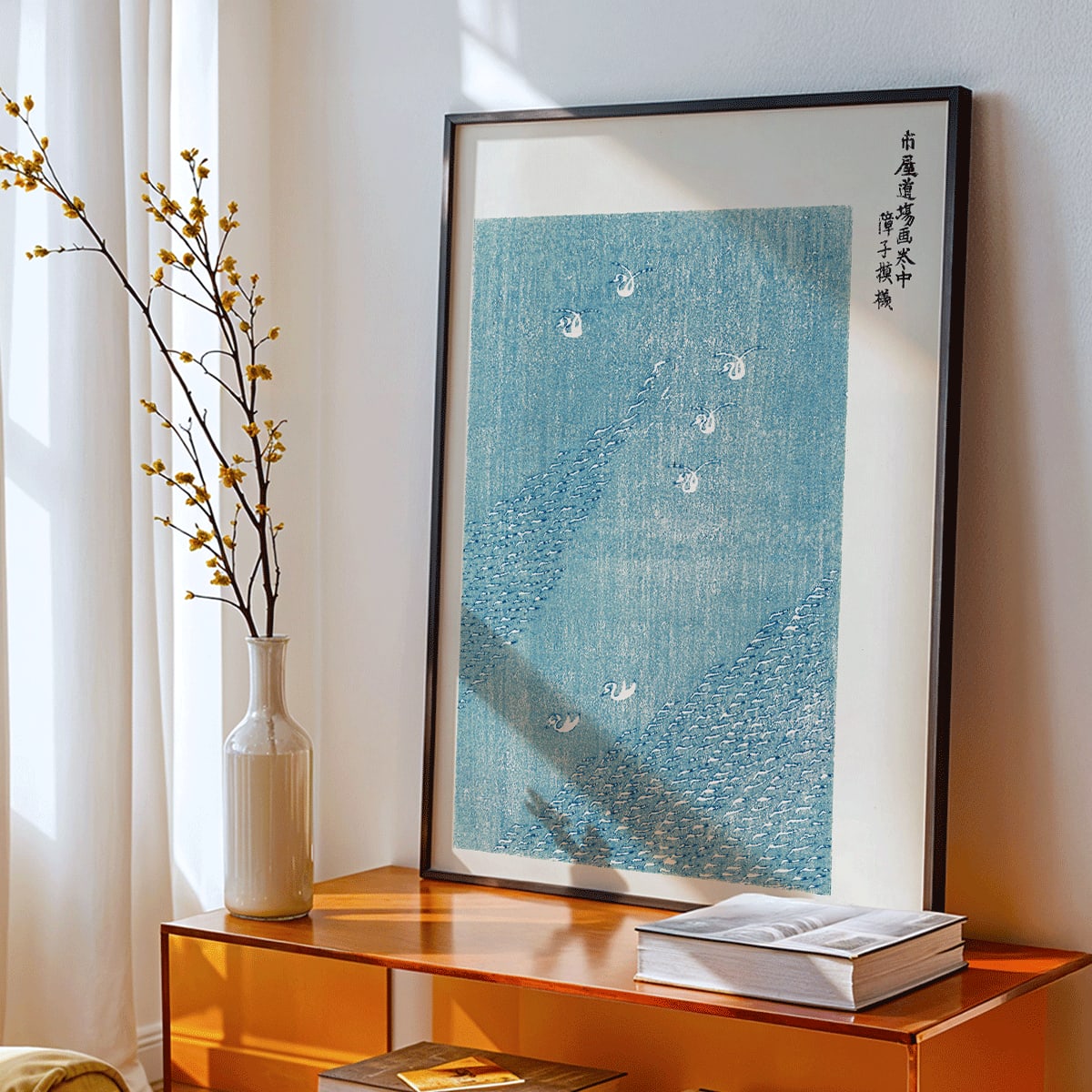 Seagulls flying over blue sea Japanese woodblock print Yatsuo no tsubaki by Taguchi Tomoki vintage poster, framed and displayed in modern living room decor