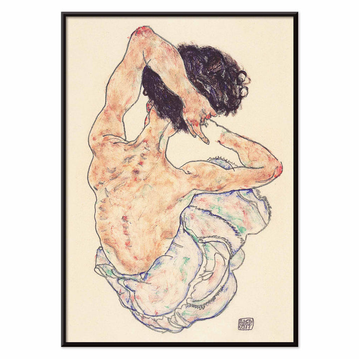 Egon Schiele Seated Nude Back View poster with seated nude from behind in loose linework and muted tones, with black aluminium frame on white background