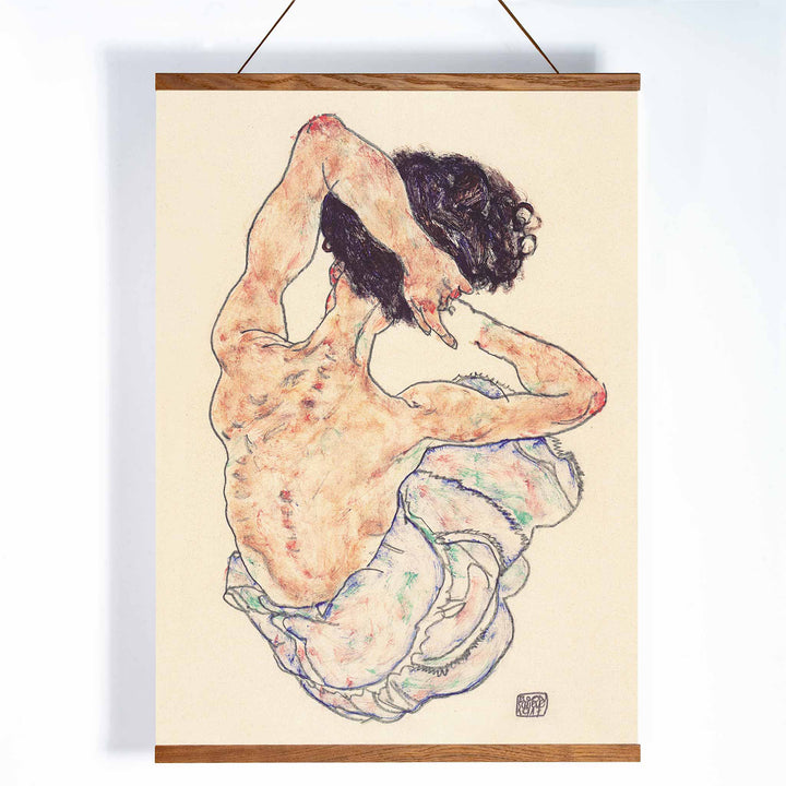 Egon Schiele Seated Nude Back View poster with seated nude from behind in loose linework and muted tones, with wooden magnetic frame on white background