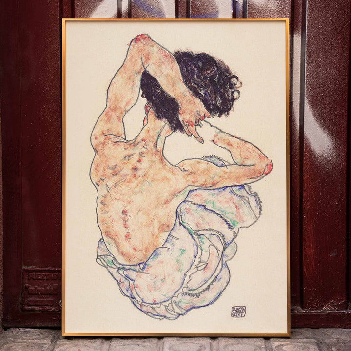Egon Schiele Seated Nude Back View poster with seated nude from behind in loose linework and muted tones, framed and displayed in home decor