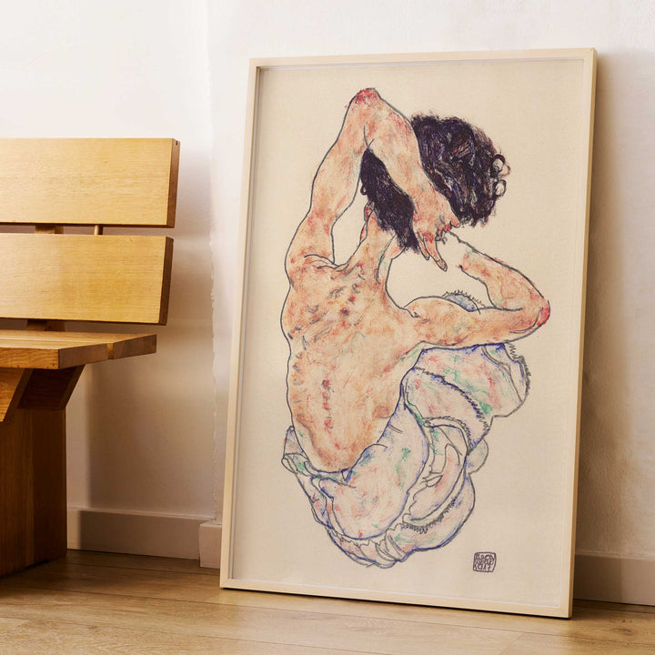 Egon Schiele Seated Nude Back View poster with seated nude from behind in loose linework and muted tones, framed and displayed in modern living room decor