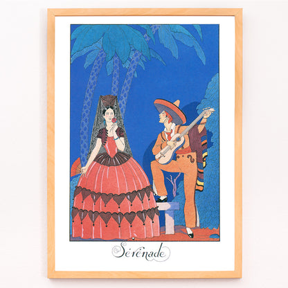 Closeup detail of Serenade by George Barbier man playing guitar for woman in elegant or Spanish dress under palm trees romantic art poster