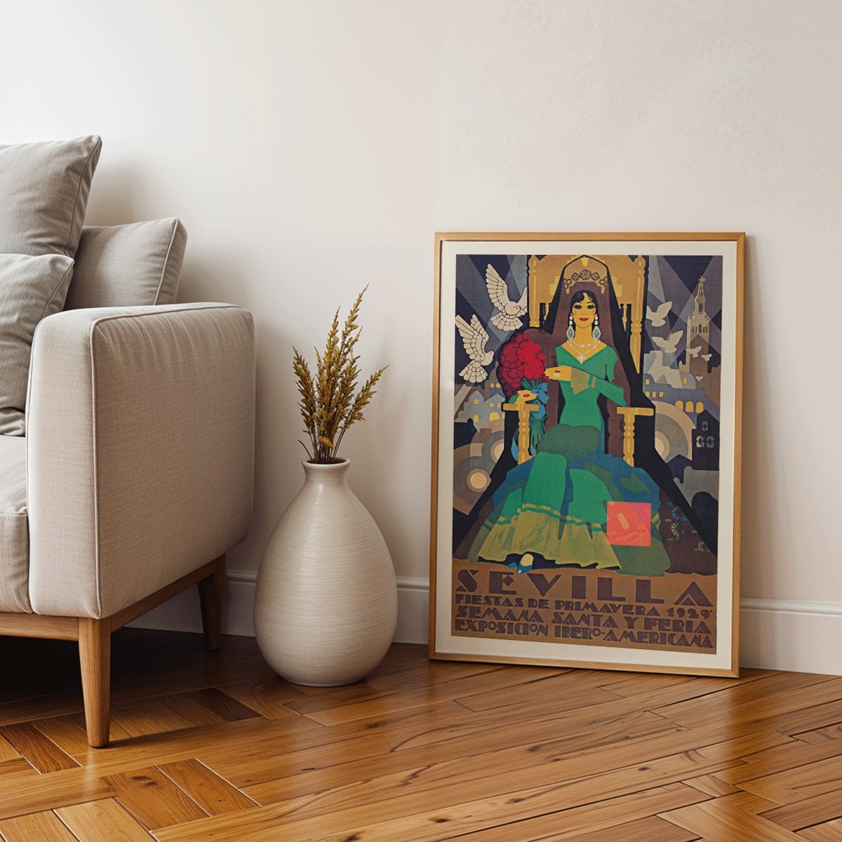 Art Deco illustrated poster of Sevilla Fiestas de primavera by artist featuring Semana Santa Feria Exposición Ibero-Americana and a woman in a green dress with doves and cityscape in the background, framed and displayed in modern living room decor