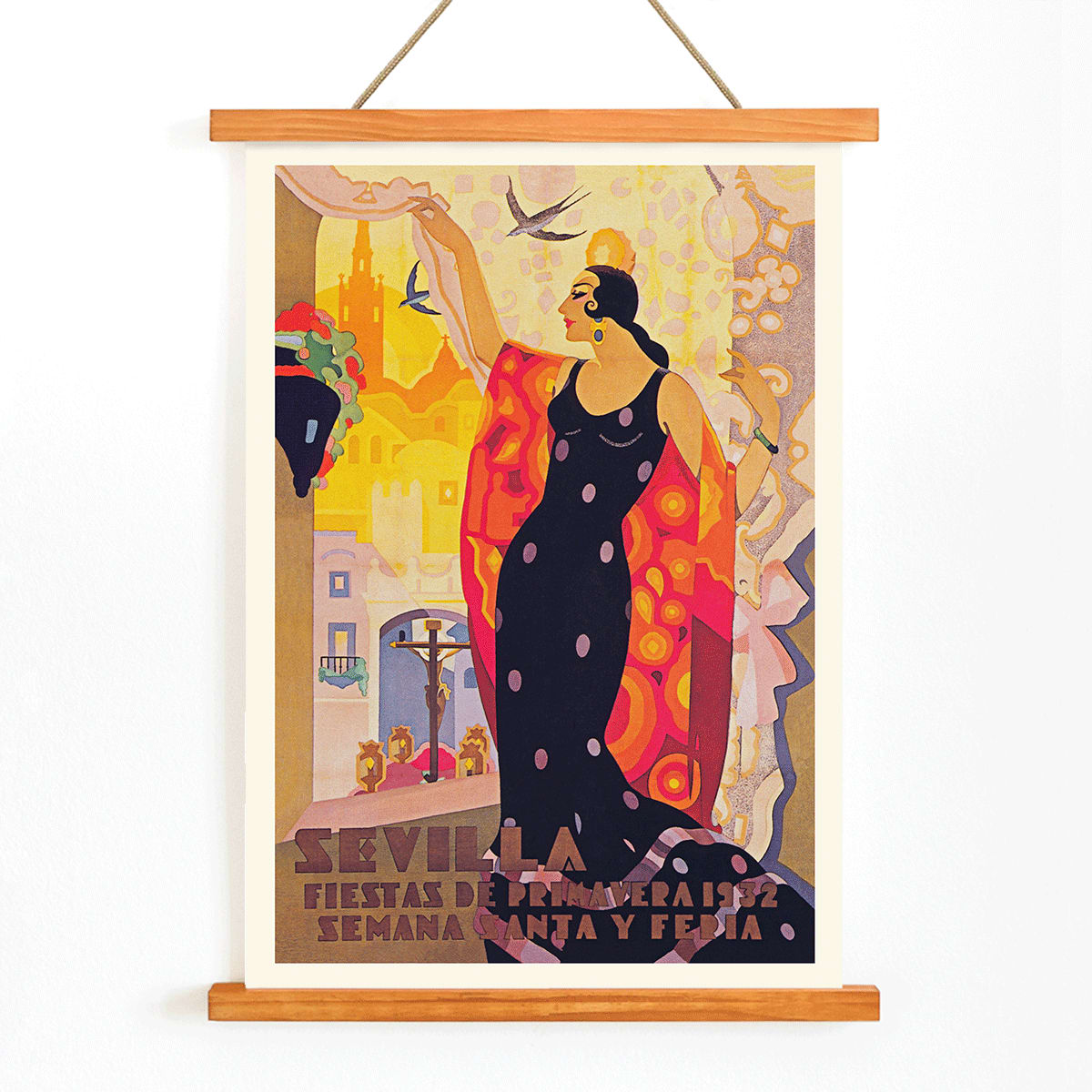 Sevilla Fiestas de primavera poster by Balaca y Orejas-Canseco featuring a colorful flamenco dancer in a vibrant dress with cityscape and birds in the background, with wooden magnetic frame on white background