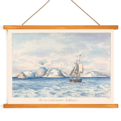 Sailing ship near snowy mountains in View West of Lout Harbour Spitzberger by Charles Hamilton Smith poster painting with sailboat and icy mountains in background, with wooden magnetic frame on white background