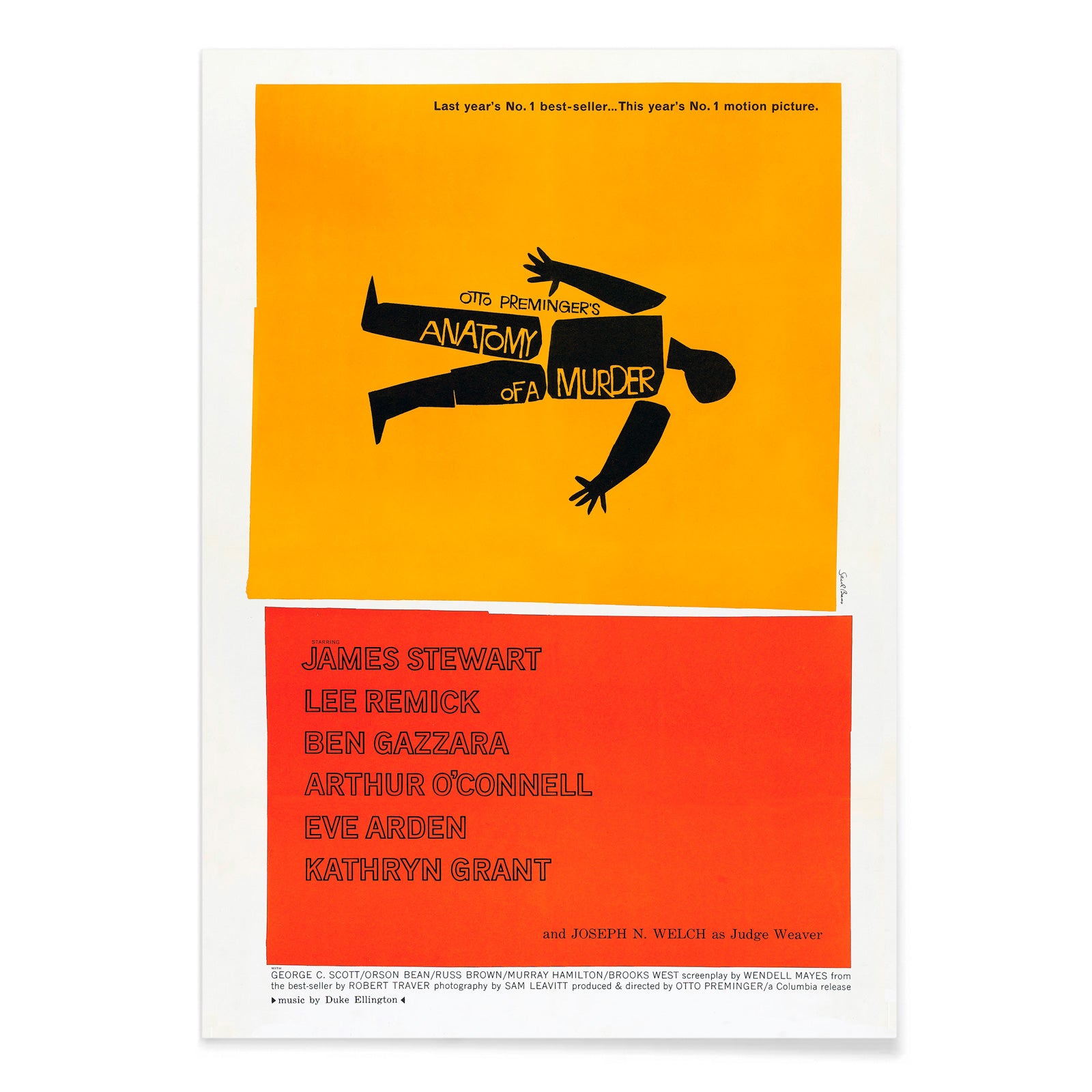 Movie poster of Anatomy of a Murder by Saul Bass features a yellow and red design with a black silhouette of a body, with black aluminium frame on white background