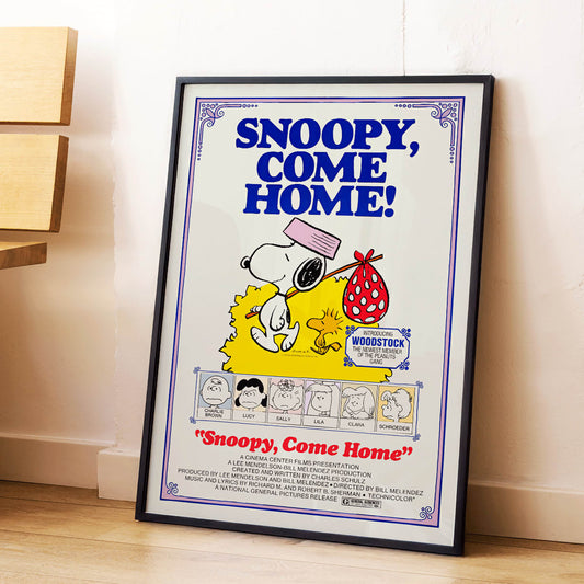 Snoopy Come Home movie poster by Charles Schulz featuring Snoopy Woodstock Lucy and Charlie Brown in colorful Peanuts illustration, framed and displayed in home decor