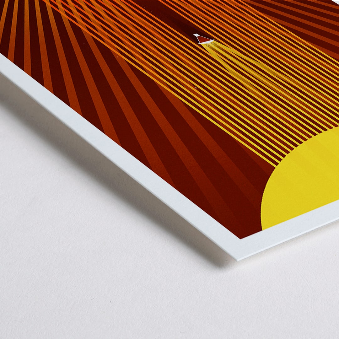 Closeup detail of Solar Surfing by NASA poster featuring a stylized spacecraft surfing solar flares from a bright yellow sun with orange rays and geometric design