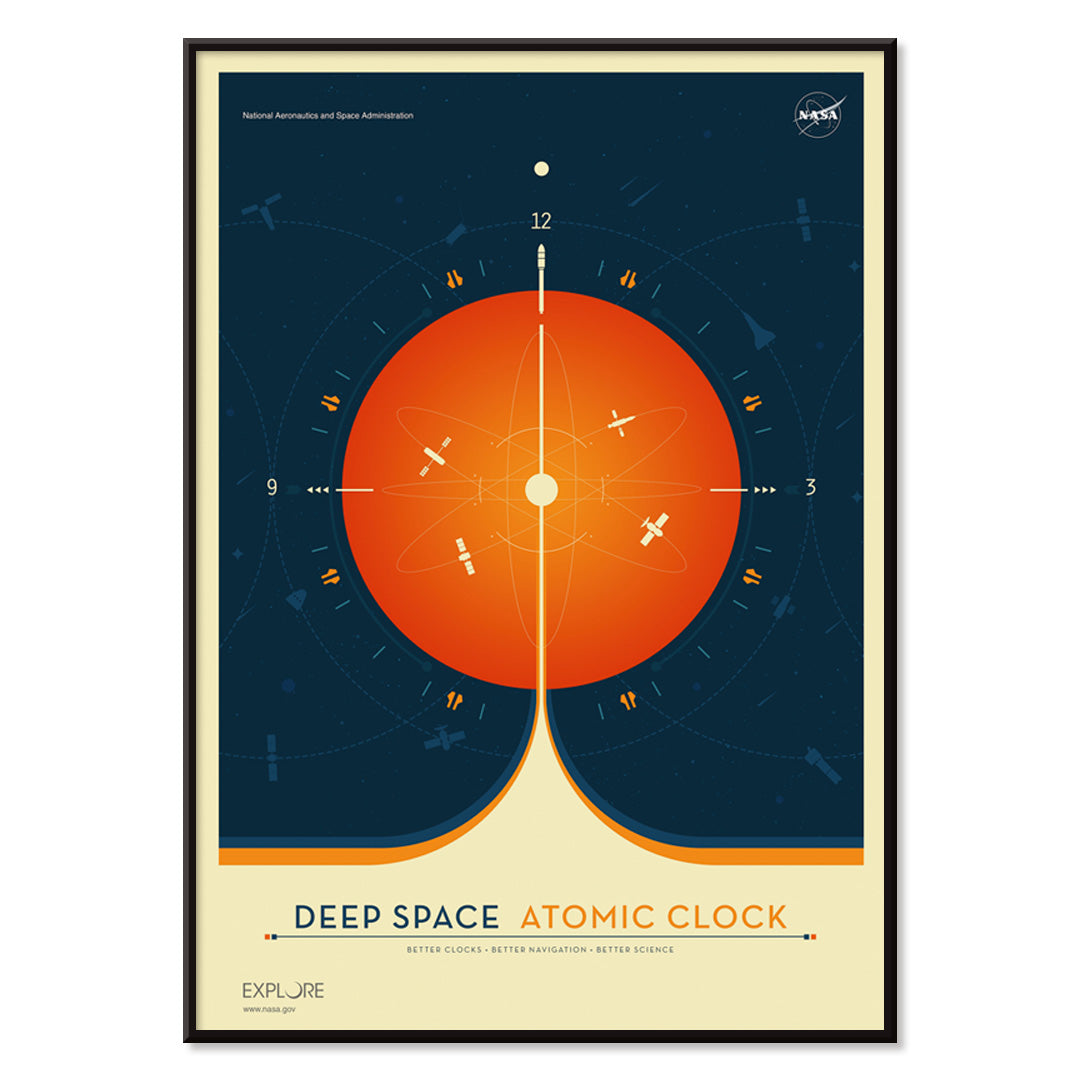 Vibrant orange atomic clock with space elements Deep Space Atomic Clock by NASA modern space artwork, with black aluminium frame on white background