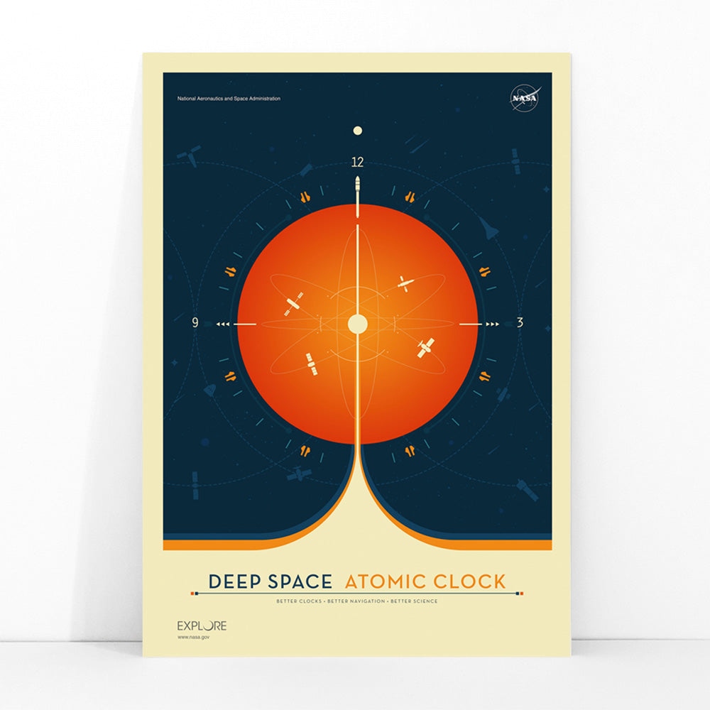 Vibrant orange atomic clock with space elements Deep Space Atomic Clock by NASA modern space artwork, framed and displayed in modern living room decor